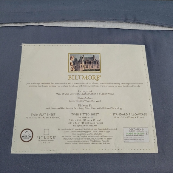Biltmore Egyptian 625 Thread Count Sheet Collection Twin Sheet Set Blue Gray - Picture 5 of 6
